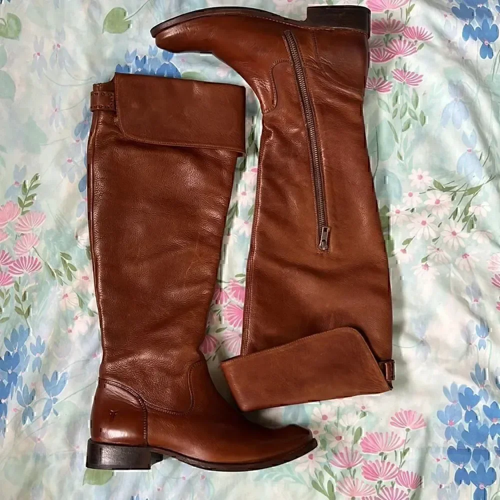 Frye Shirley Over the Knee Brown Leather Boots Cognac Color 8